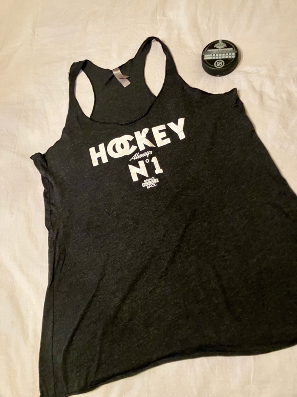 Black Racerback Tank Top with White "HOCKEY Always No.1" Graphic